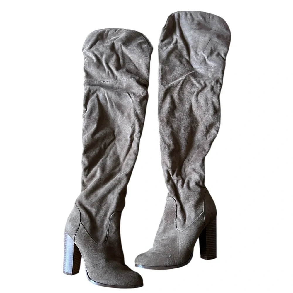Tan Thigh High Chunky Heel Boots